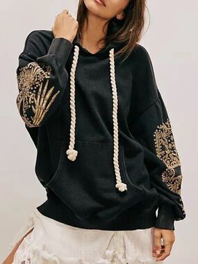 Free People Black Hoodie with Gold Embellished Sleeves